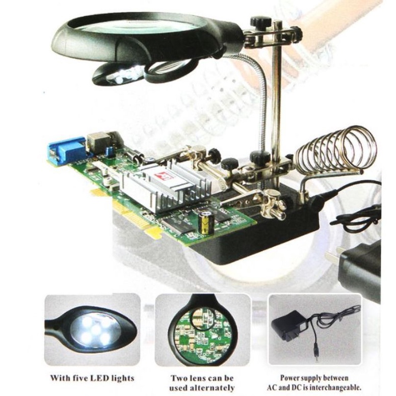 Taffware Helping Hand Alat Pegangan Solder + Kaca Pembesar+ Lampu LED