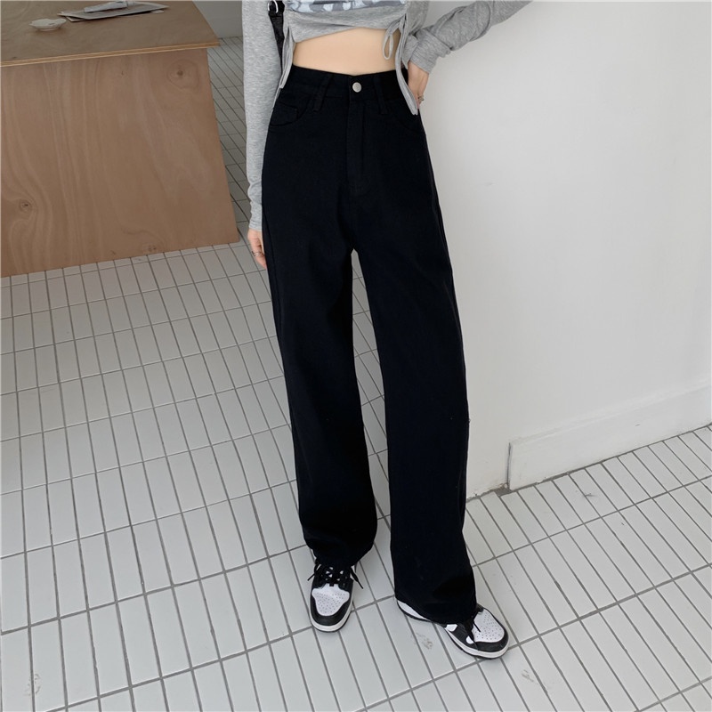 JEANS HIGHWAIST PANTS DENIM BLACK/BLUE/APRICOT/WHITE LOOSE KOREA