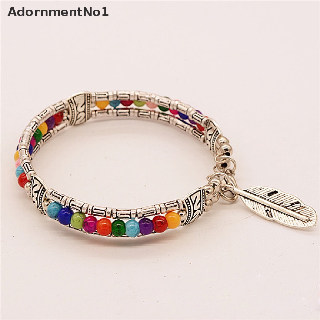 (AdornmentNo1) Gelang Tangan Silver Gaya Tibet Vintage Bohemia Motif Bulu + Batu Turquoise Untuk Wanita