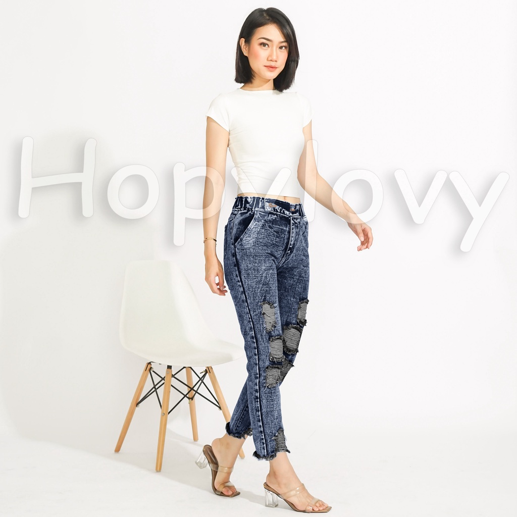 HOPYLOVY Celana Boyfriend Jeans Wanita Sobek Ripped High Waist HW Unfinished Rania