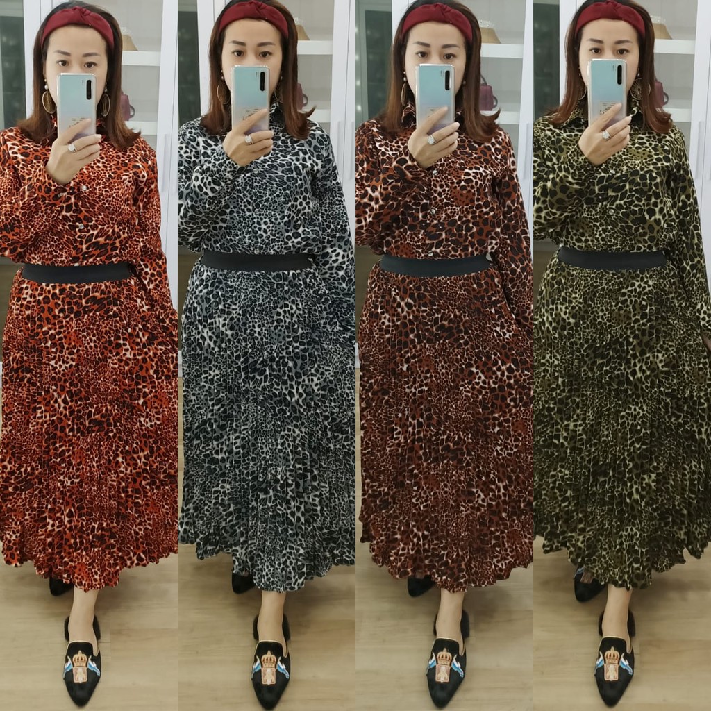 set kemeja rok plisket motif macan bahan leopard