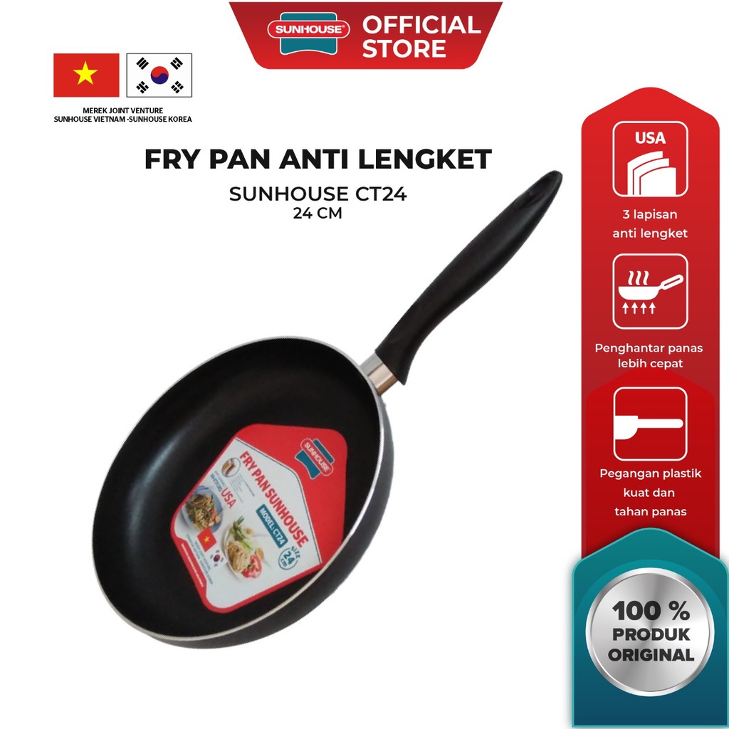 COD!!BARU!! Sunhouse CT-24 Plain Frypan Anti Lengket Hitam 24 cm 1 Pcs || Dapur || Peralatan Masak