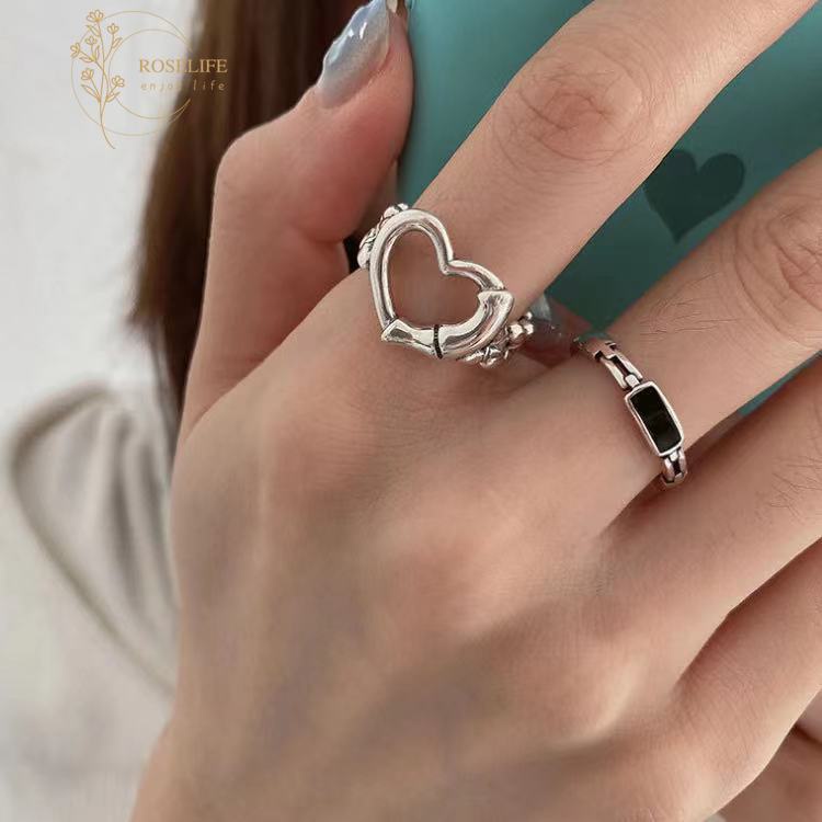 Roselife Cincin Terbuka Adjustable Desain Geometri Kotak Hollow Bahan Metal Warna Silver Untuk Wanita