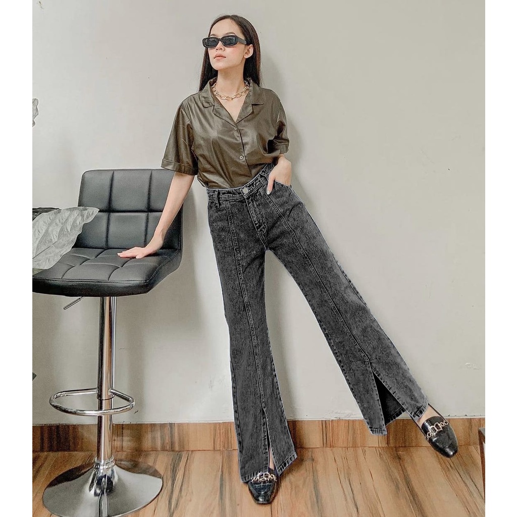 CUTELY - Highwaist Kulot Jeans Wanita Snow Belah Depan