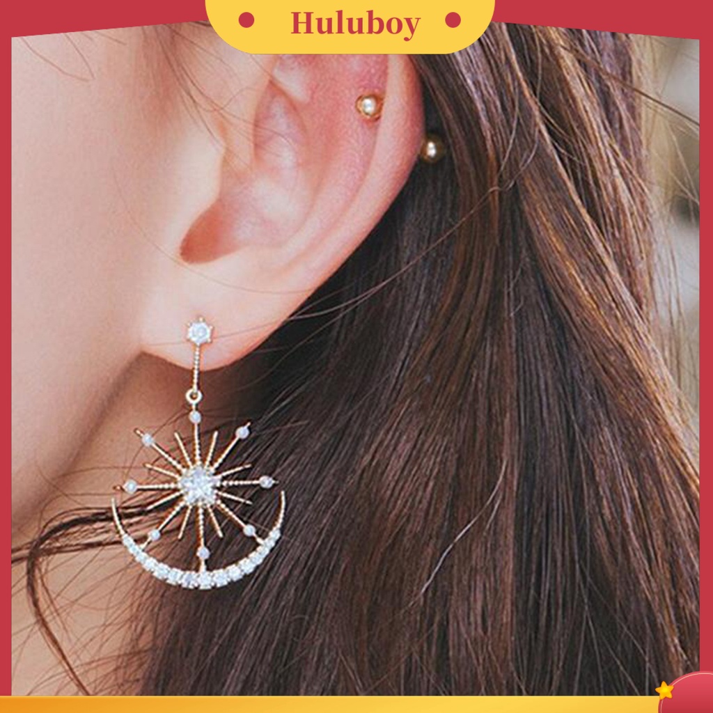 Hu Hu Hu Hu Hu Alat Bantu Pasang Kacamata♡ 1 Pasang Anting Stud Desain Bulan Bintang Aksen Berlian Imitasi Gaya Korea