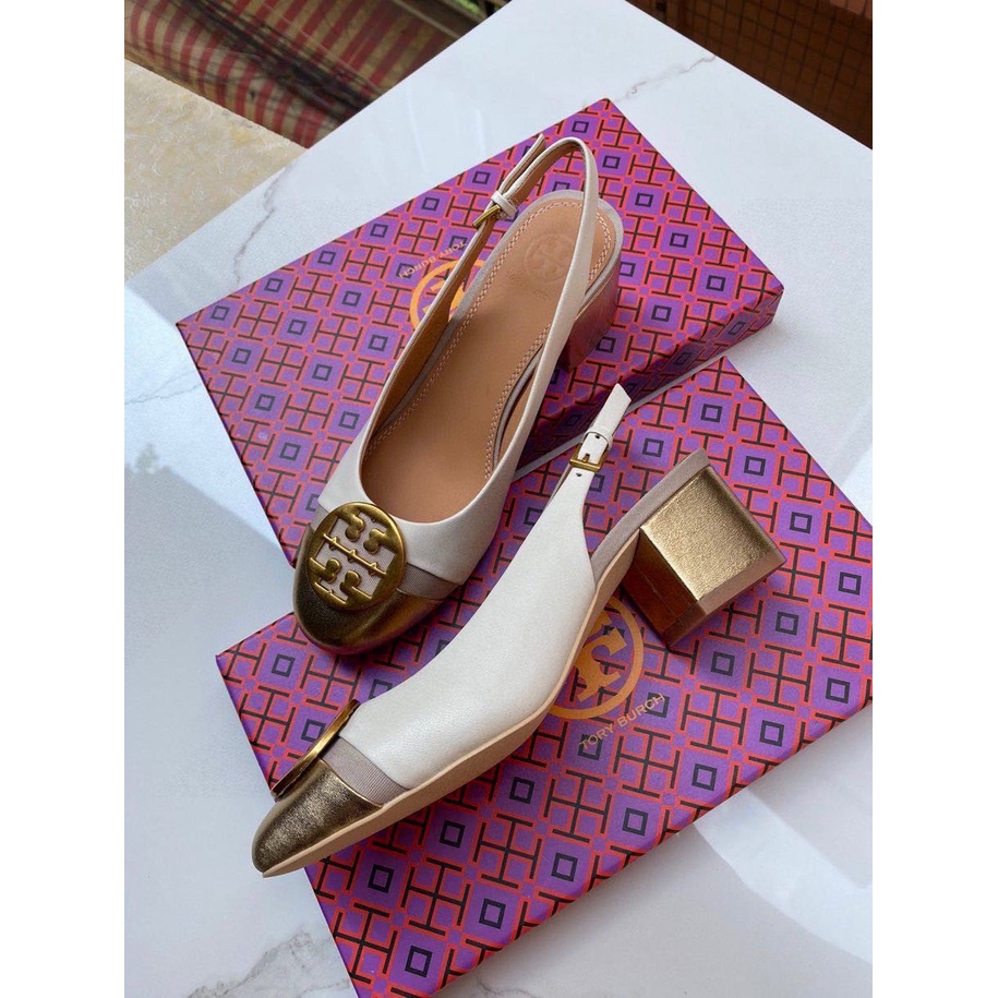 Tory Burch classic metal stitching round buckle sandals high heels