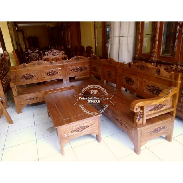 Kursi Sudut Ruang Tamu Kayu Jati, Meja Kursi Untuk Ruang Tamu Pojok Full Ukir Kayu Jati