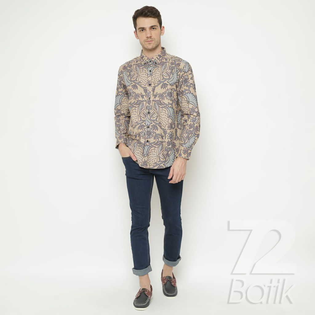 KEMEJA BATIK PRIA Lengan Panjang Premium Motif Burung Kembang Putih Tulang Cream Krem 723453 Cap 72 - Baju Kemeja Atasan Pakaian Setelan Batik Pria Cowok Laki Laki Remaja Keluarga Kantor Lengan Panjang Modern Slimfit Slim Fit Premium Kekinian