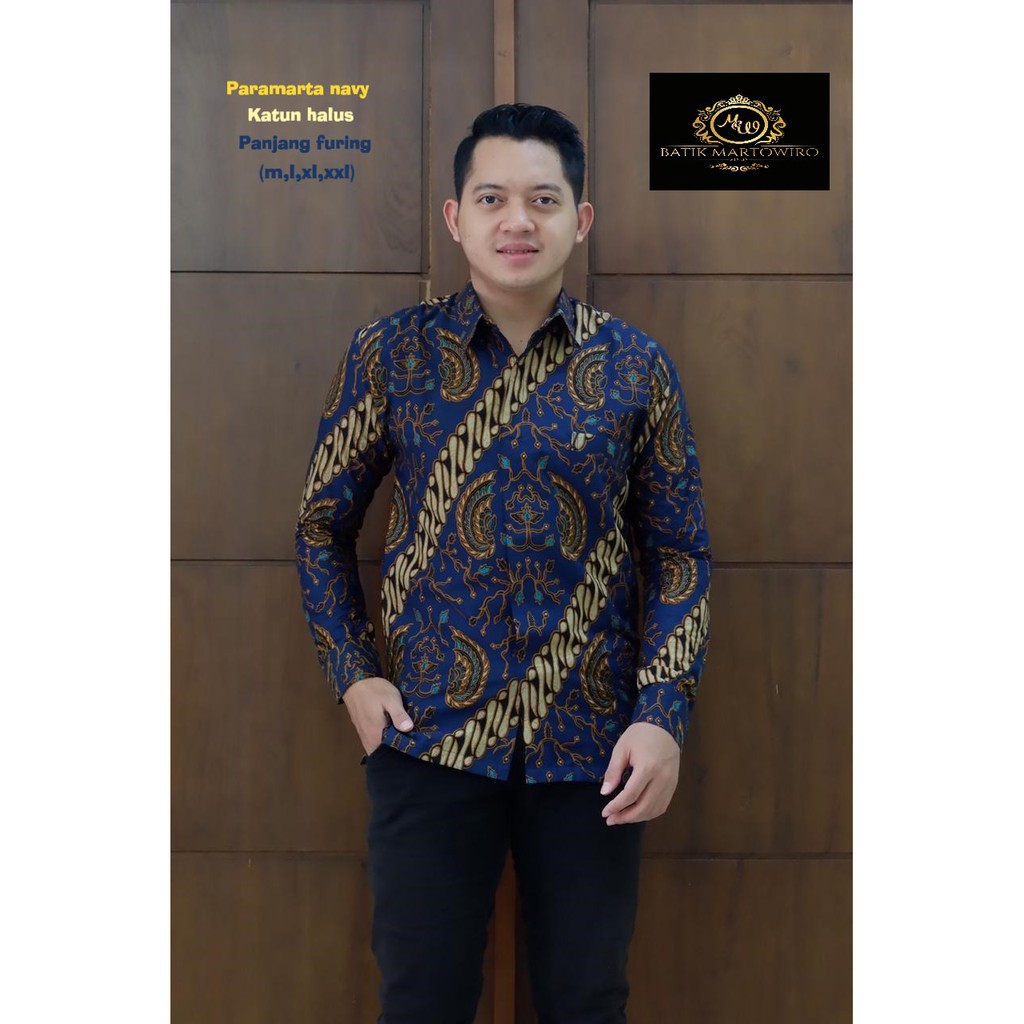 PARAMARTA NAVY Kemeja Batik Pria Lengan Panjang Katun Halus Martowiro FULL FURING