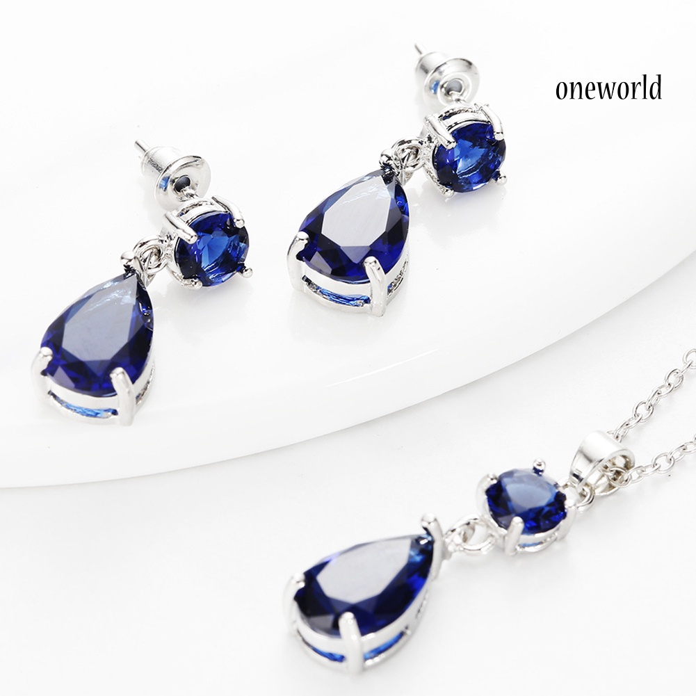 OW@ Fashion Round Drop Zircon Pendant Eardrop Earrings Necklace Women Jewelry Set