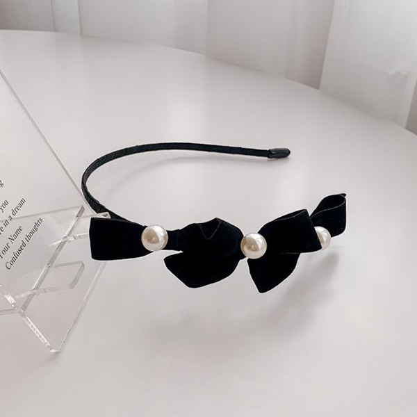 bando mutiara pita hitam black bow pearl headband jba064(1A2)