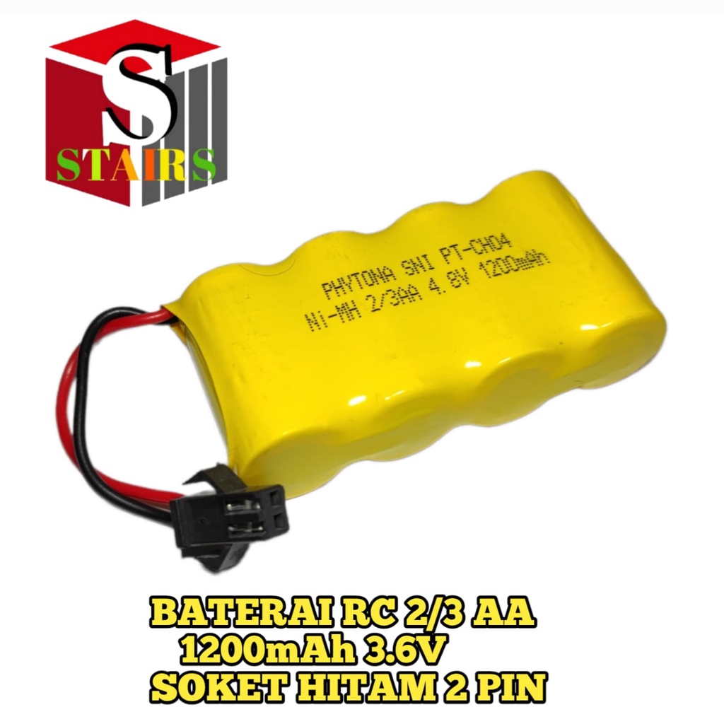 Batterai RC 4x 2/3AA Ni-Cd 4.8volt - 2000mAh Model Mini Susun Rata Socket Hitam