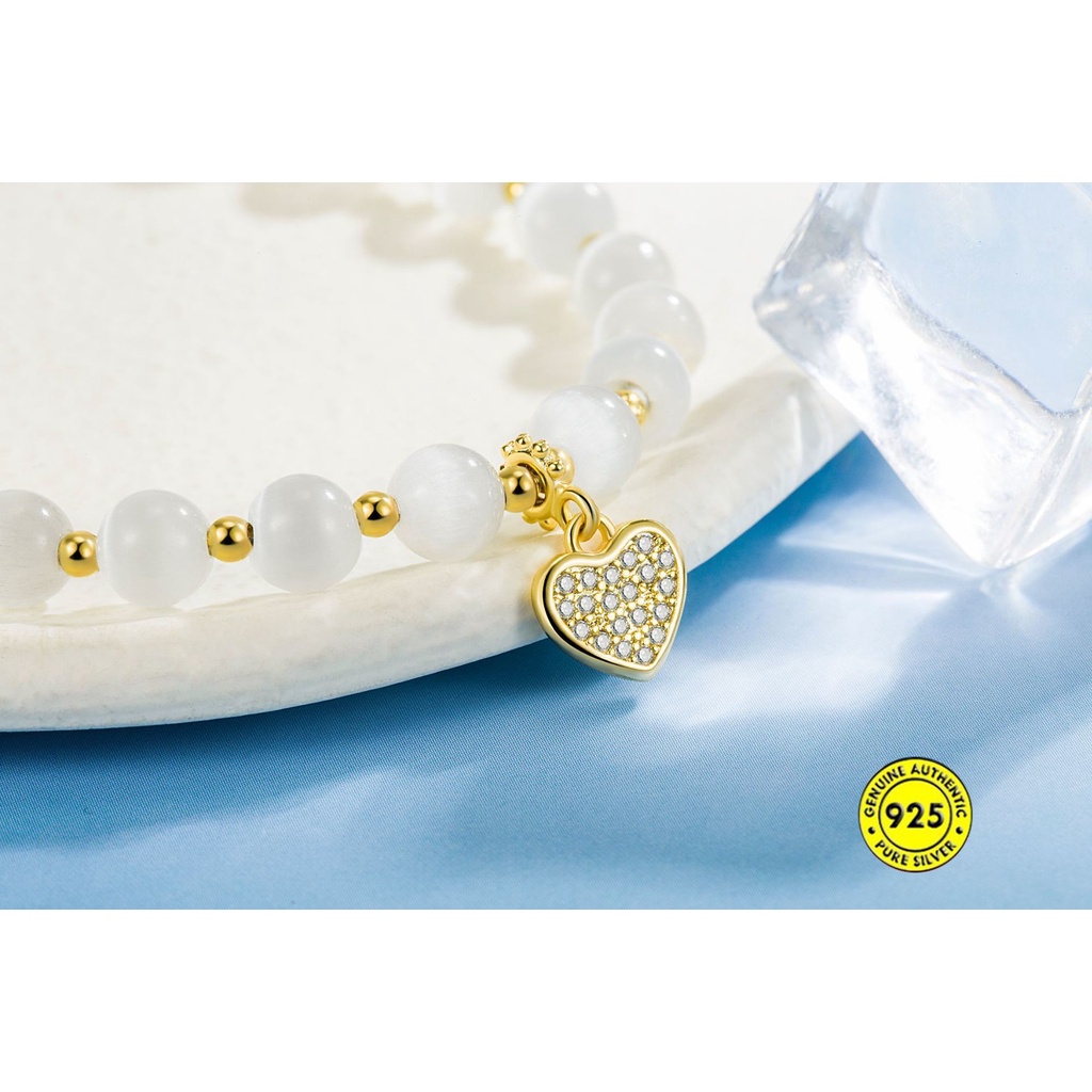 Gelang S925 Silver Opal Zircon Bentuk Hati Warna Emas Untuk Wanita