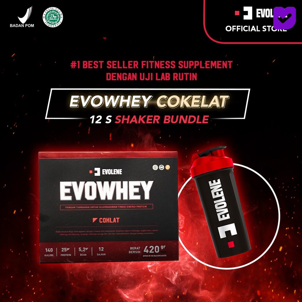 

Evolene Whey Protein Coklat 456gr/12 Sachet + Shaker Merah Evolene fitness pembentuk Otot