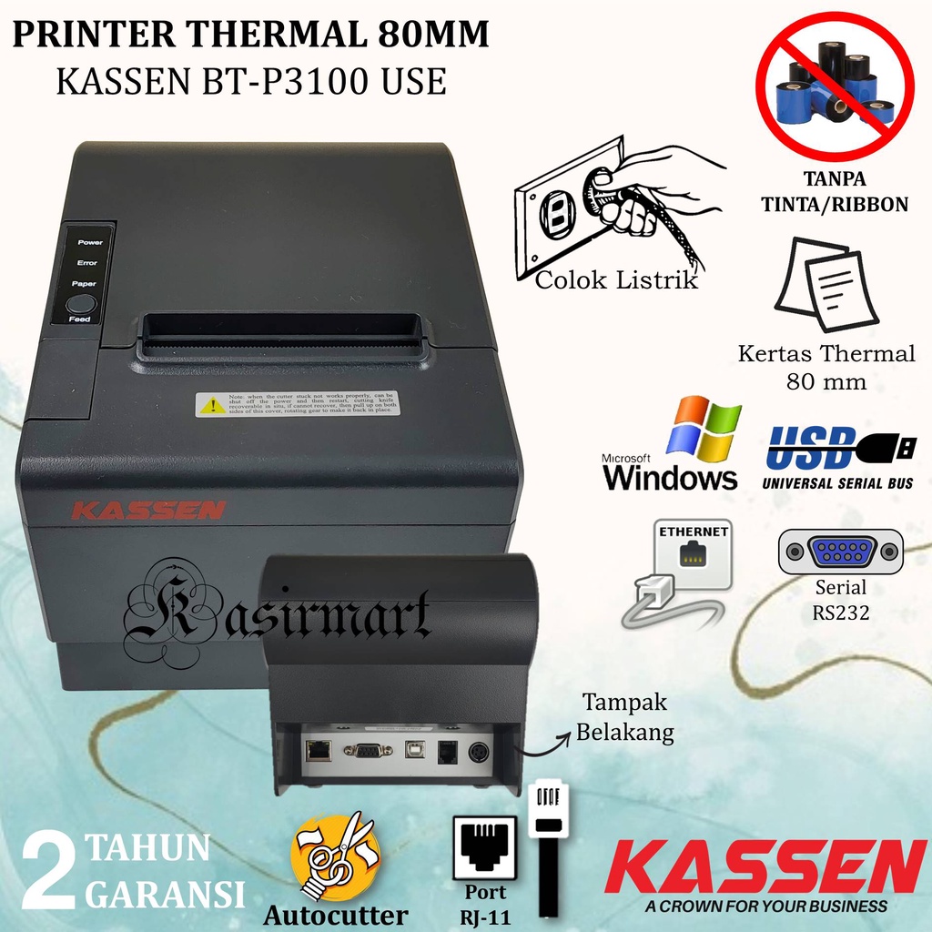 KASSEN BTP 3100 Printer Bluetooh Printer Thermal Usb Serial Ethernet Printer Kasir Thermal Struk 80mm Auto Cutter BTP3100 Support RJ11 RPP02N Kassen BT-P3100