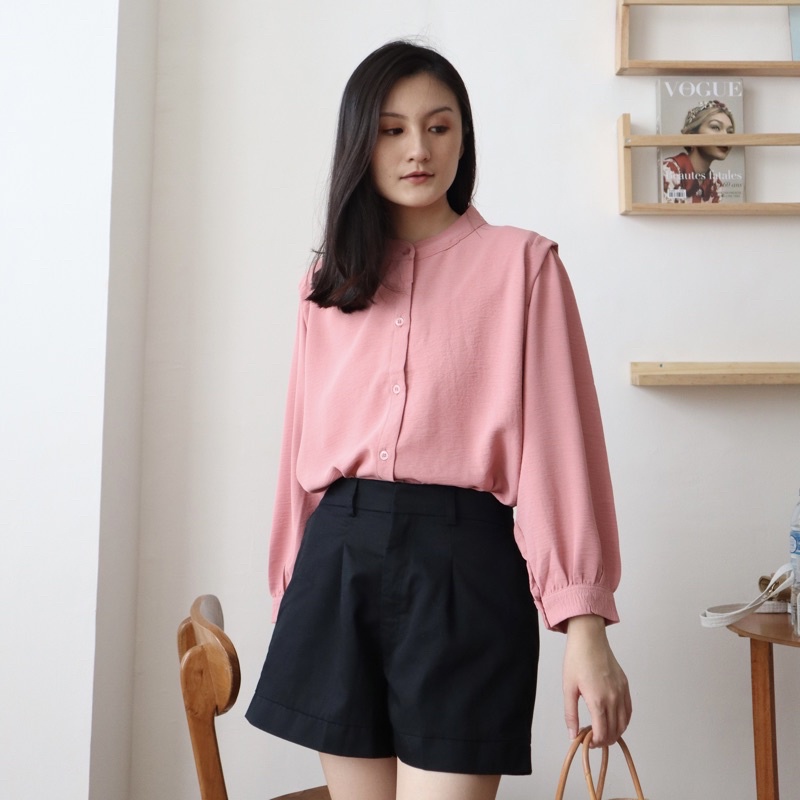 MSMO River Blouse Oneck Longsleeve / Blouse Wanita / Kemeja Kantor / Kemeja Crinkle / Kemeja Lengan Panjang-Pink