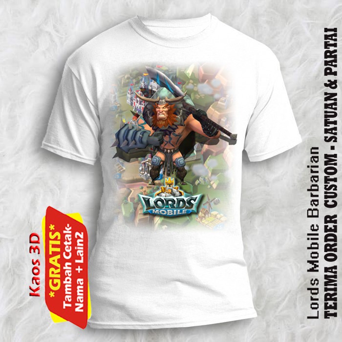 Kaos 3D game Lords Mobile Barbarian ukuran anak dan dewasa model unisex