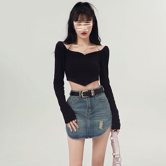 kaos wanita korean style halter top t-shirt wanita open back chain short sexy