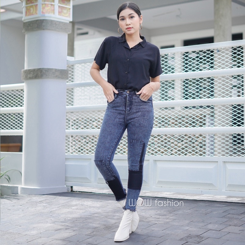 WOW-Mulan Celana Jeans  Highwaist Celana Jeans 7/9//Celana Wanita// Celana Kombinasi Wanita