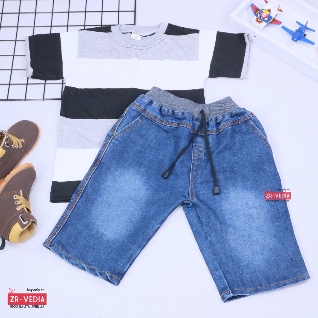 Setelan Salur Jeans uk 5-6 Tahun / Baju Anak Laki Kaos Pendek Celana Jeans Semi Denim Cowok Kiosbalitaaprillia