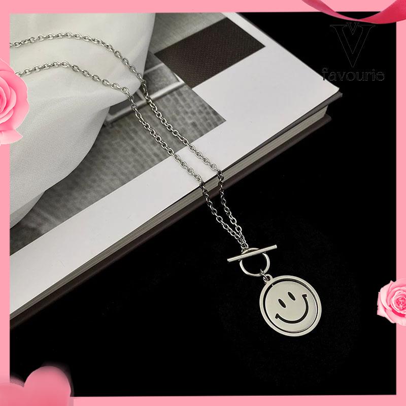 [COD]Kalung Rantai Sweater Rantai Klavikula Berputar Dua Sisi Smiley Necklace Pendant Necklace-FA