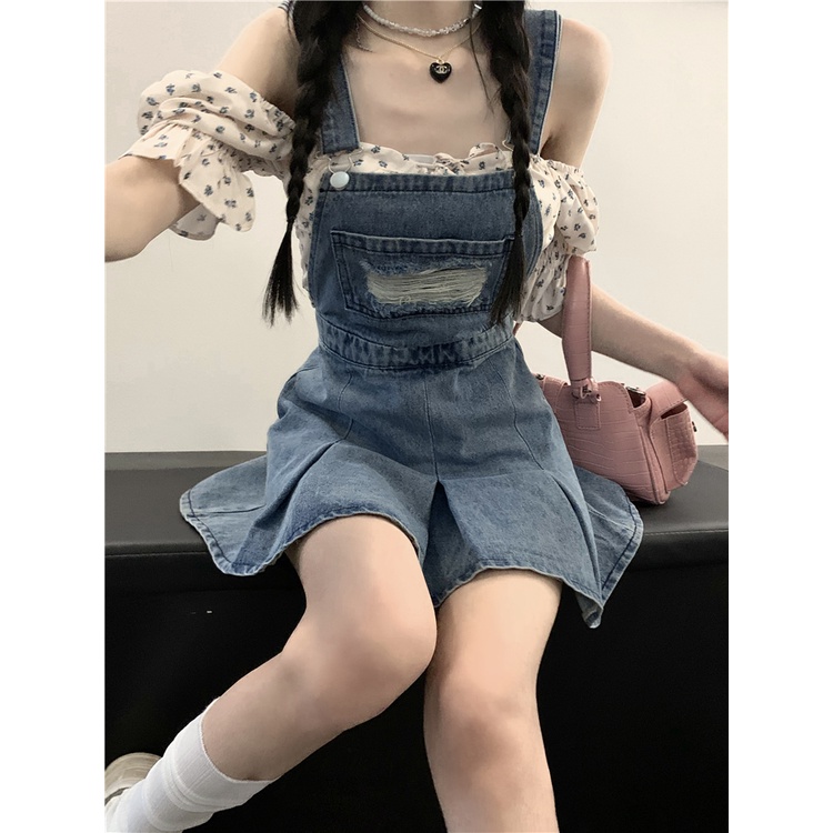 Mini Dress denim suspender rok wanita gaun kecil pinggang musim panas A-line rok desain rok lipit