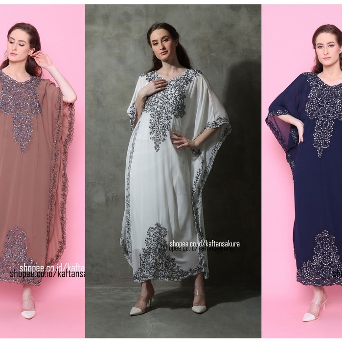 Kaftan Wanita Full Payet Kaftan Gemini Asmiranda Tornita Original untuk pesta lebaran warna abu abu hitam putih navy bahan sifon Mewah Modern terbaru all size bisa COD