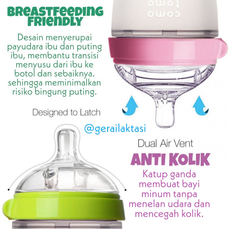 Comotomo Baby Bottle anti kolik 150ml 250ml Single Pink Green Como Tomo botol susu