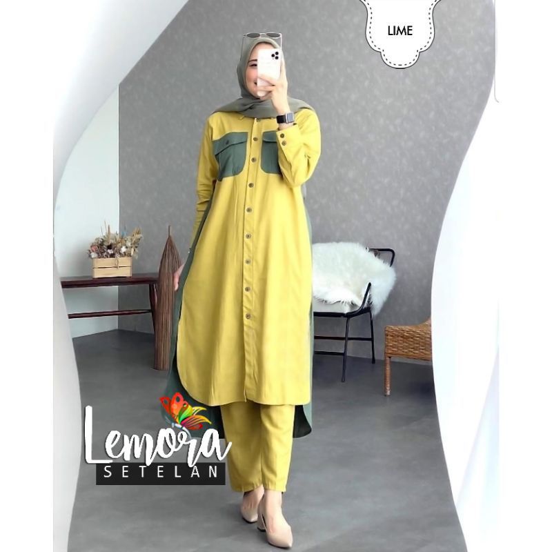 SET LEMORAVI Setelan one set oneset wanita muslim hijab fashion two tone busui outfit ootd hotd asim