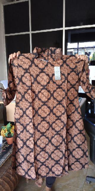 Tunic Serut Lawasan Coklat Batik Sogan Klasik Tunik Kerja Kantoran Modern Seragaman Kondangan
