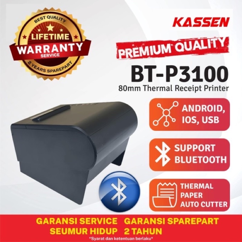 KASSEN BT-P3100 BT PRINTER THERMAL 80mm AUTOCUTTER BLUETOOTH USB RJ11 P3100 BT