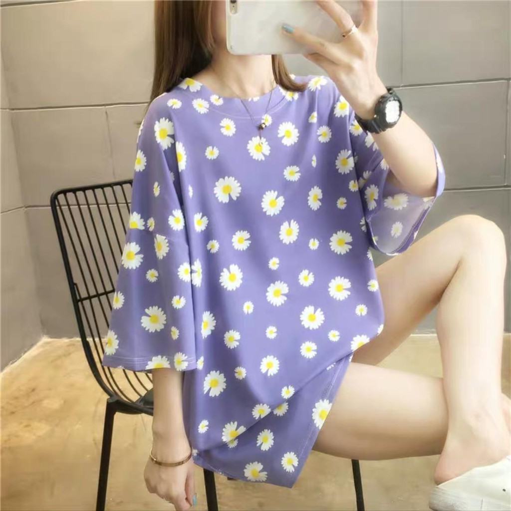 Oversize Tee Tshirt   Wanita Model Longgar Motif Daisy Baru