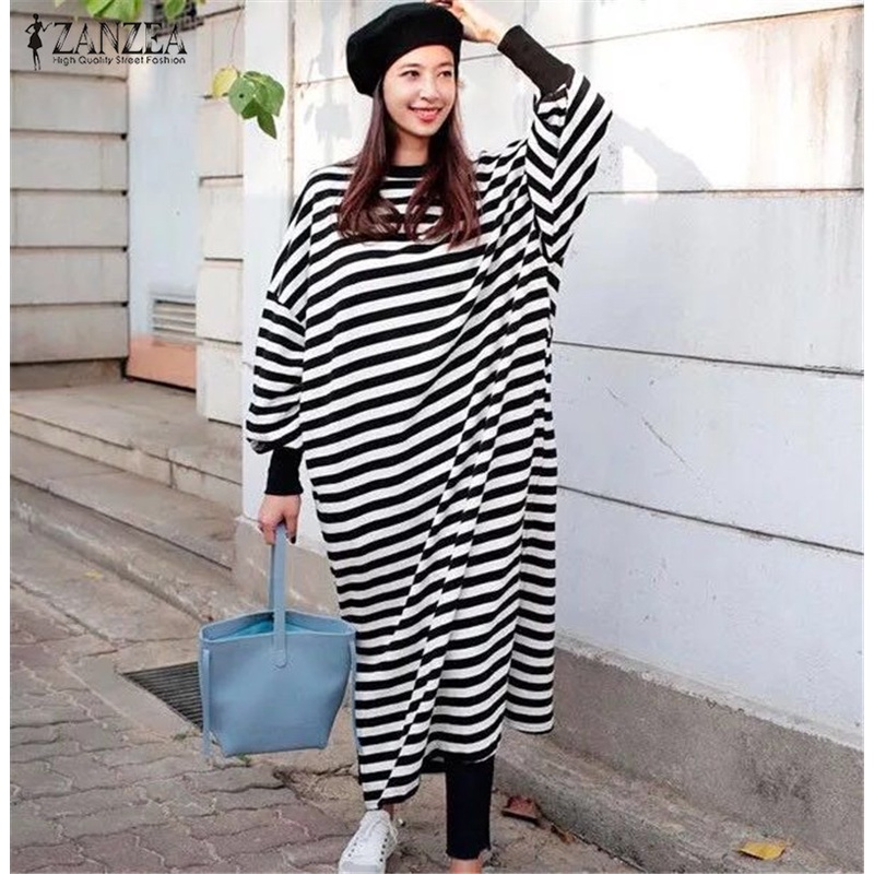 Zanzea Women Crew Neck Long Sleeve Side Pockets Split Loose Style Full Length Dress