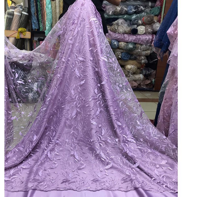 MURAH kain bahan tille akar mutiara cantik / bahan kebaya brokat tille (daun).