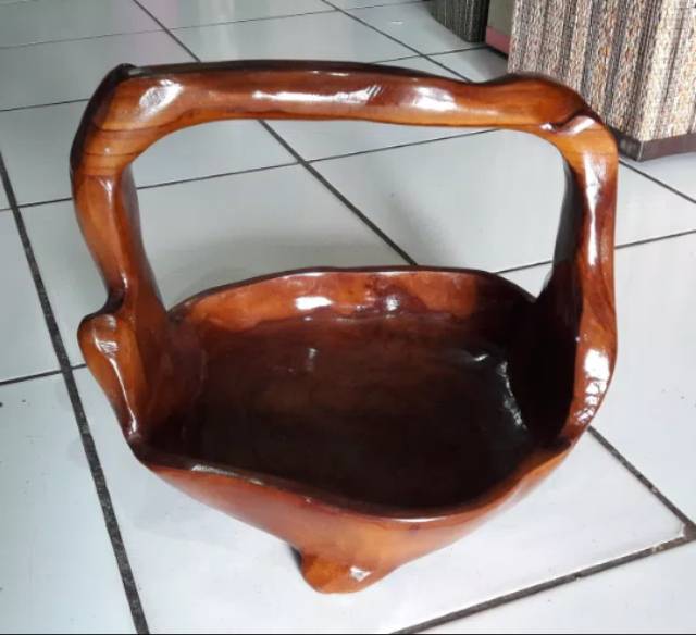 TEMPAT BUAH DAN SAYUR DENGAN HANDLE BAHAN KAYU JATI ASLI 30x28x18 cm - DEKORASI RUMAH MURAH