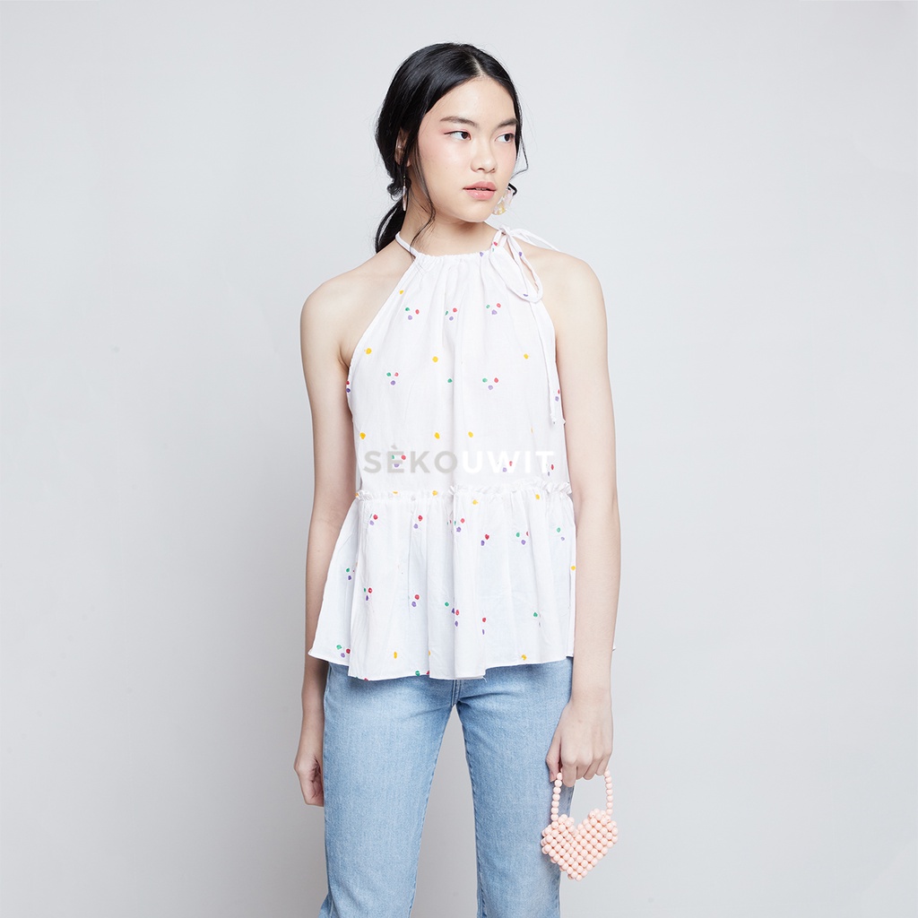 Burnet Batik Jumputan Halter-Neck Tie Sleeveless Baby Doll Top Sèkouwit In White