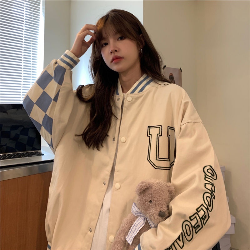 Suhao Checkerboard kotak-kotak baseball seragam wanita baru longgar cocok Amerika hip-hop goreng patch jalan jaket musim gugur jaket