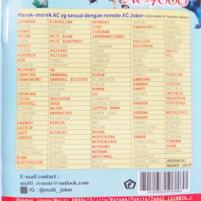 Remot/Remote Ac Avante/Changhong/Crystal/Daikin/Denpoo Multi/Universal #98