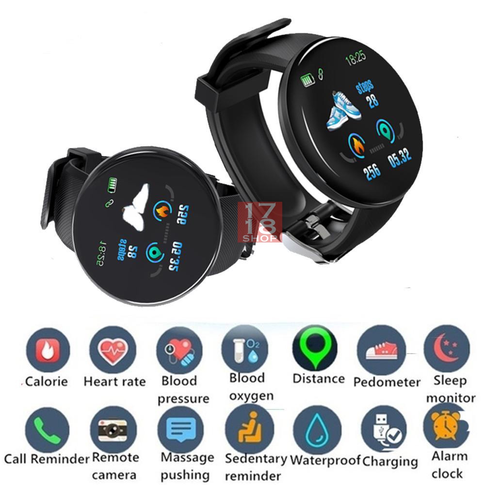 Smartwatch D18 Sport Jam Tangan Pria Wanita Tahan Air Fitness Tracker Smartband iOS Android Monitor 