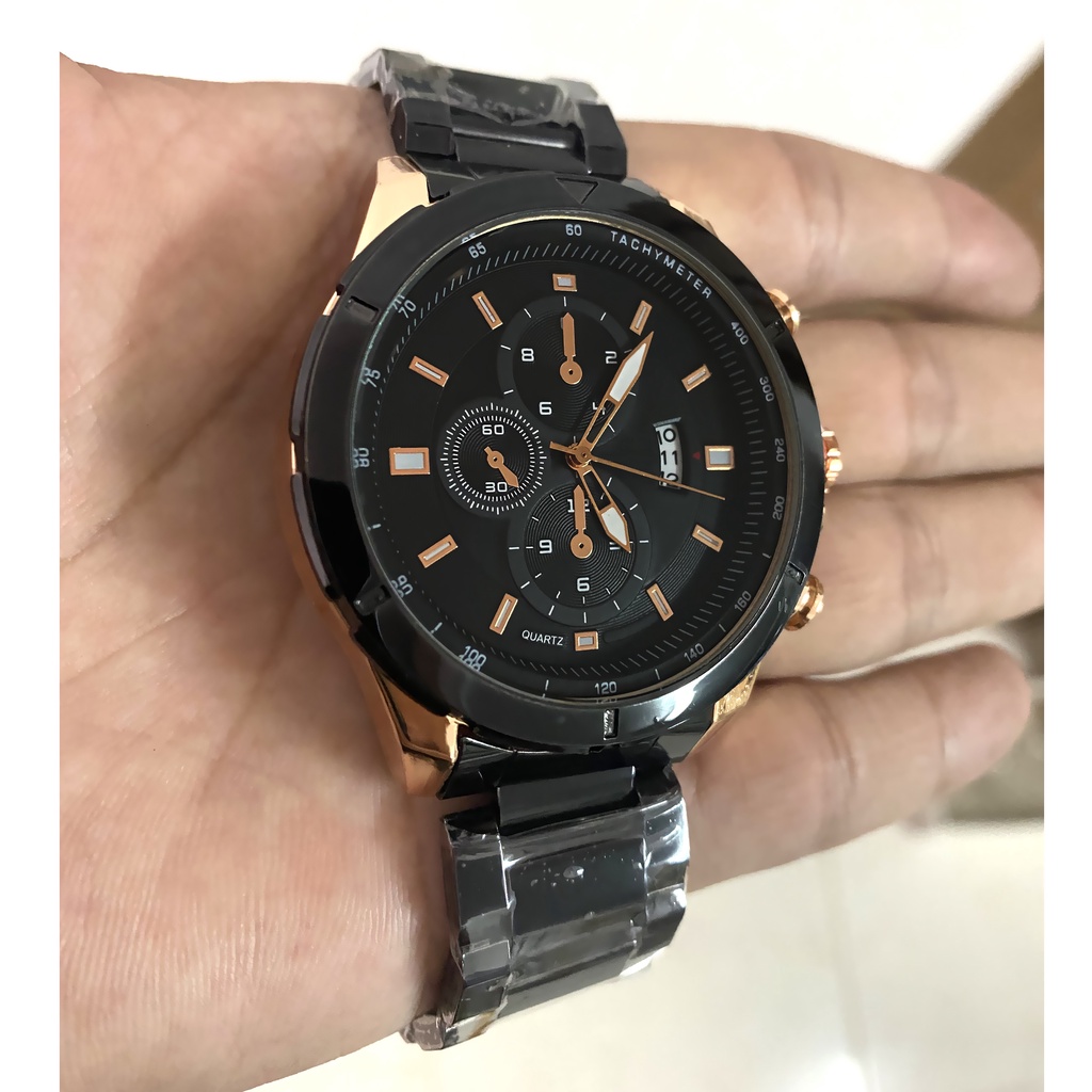 Jam Tangan SUPER MEWAH Pria Anti Air  Chronograph Style - Stainless - Tanggal Aktif - Ring rose Gold