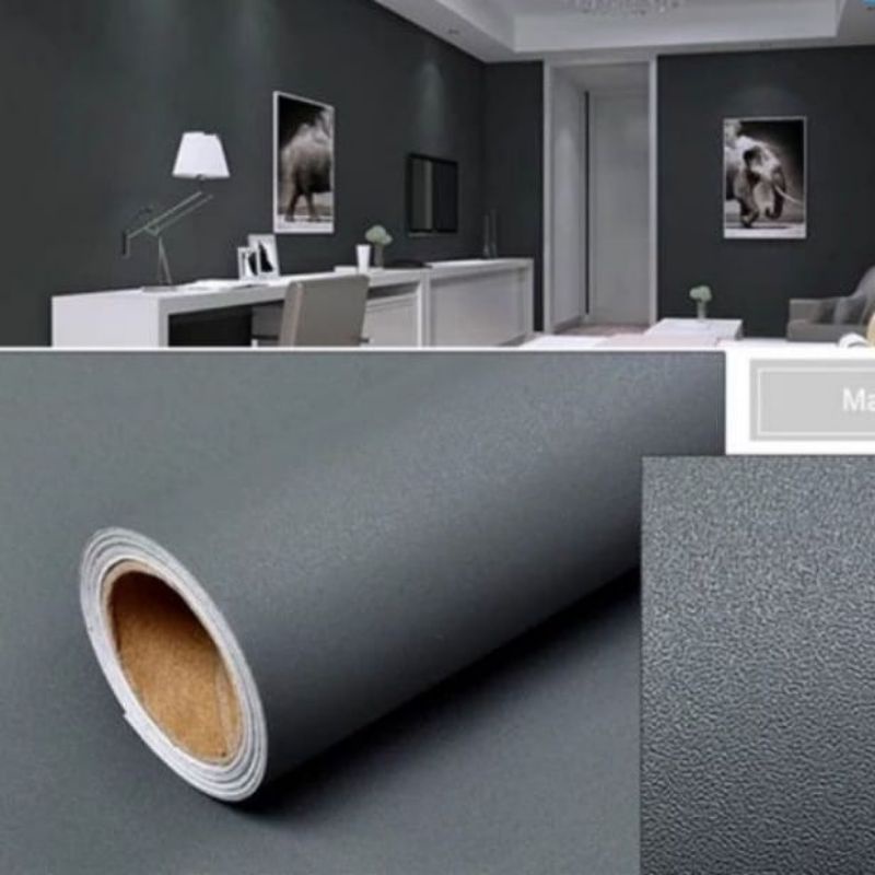 wallpaper sticker dinding polos abu tua elegan kamar tidur ruang tamu mewah