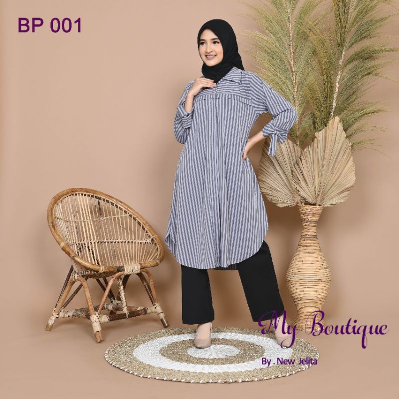 Tunik BP001 Salur Abu Stella Crepe Premium Model Kemeja Kancing Tutup All Size LD 110 Muat BB 70kg
