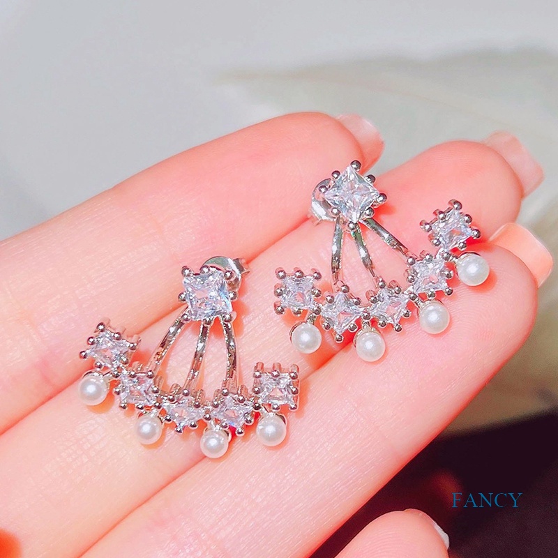 Anting Stud Zircon Mutiara Bahan 925 Silver Gaya Korea Untuk Wanita