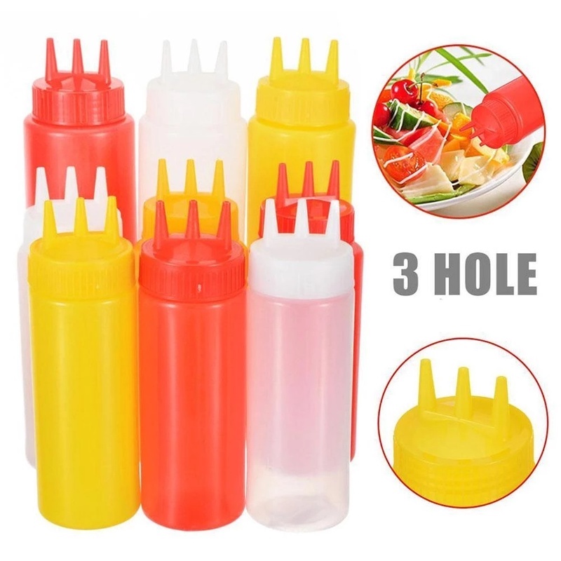 [PE Three-hole Squeeze Sauce Bottle Mustard Bottle] [Food Grade Plastic Squeeze Bottle, Condiment Dispenser] [Sauce Vinegar Ketchup Container] [Kitchen Seasoning Bottle]