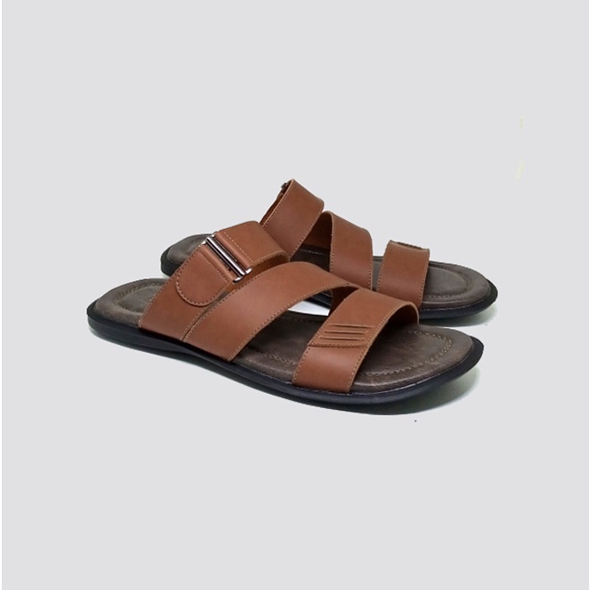 Sendal Kulit Asli / Sandal Pria Big Size Ukuran Jumbo 44 45 46 47 / Sandal Cowo Ukuran Besar - Mzio J09 Hitam Coklat