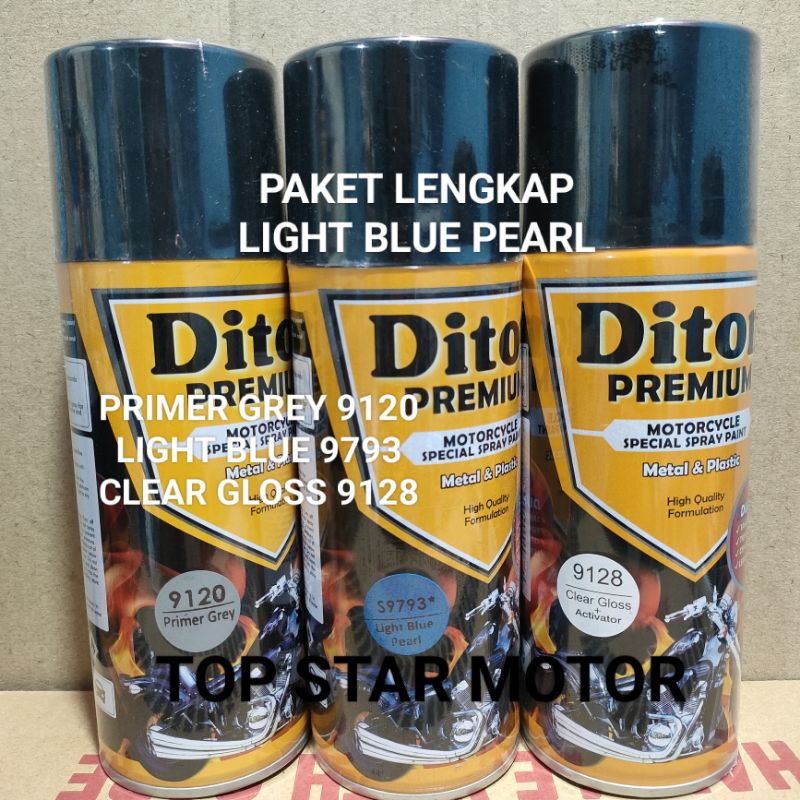 Pilok Paket Lengkap Cat Diton Premium Primer Grey 9120 Light Blue Pearl S9793 9793 Clear Gloss 9128 400cc.. Pilok Paketan Light Blue Pearl Cat Semprot Diton Premium 400cc