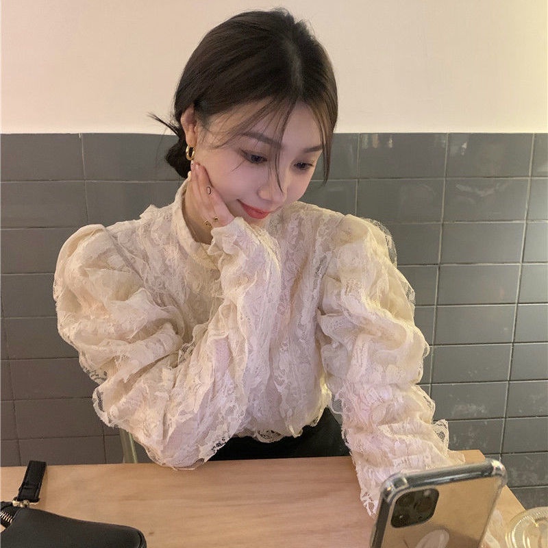 atasan renda import French retro stand collar lace shirt women s sweet and chic fairy top women