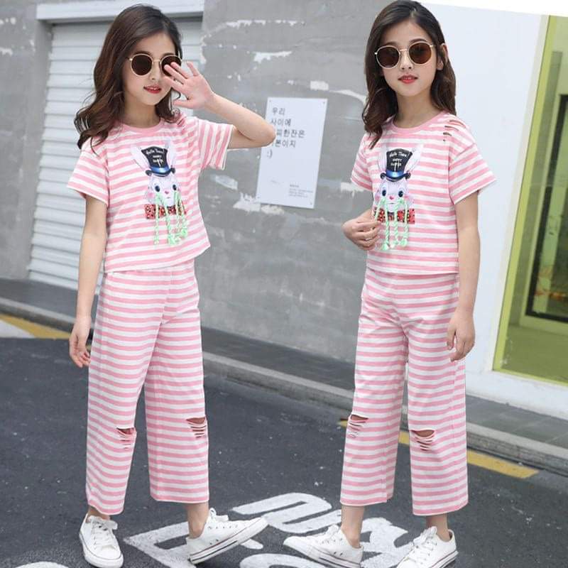 Baju Setelan Anak Perempuan Rabbit Stripe Pink