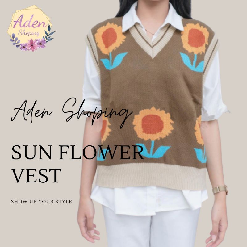 Sun Flower Vest Rompi Rajut Bunga V Neck Korea