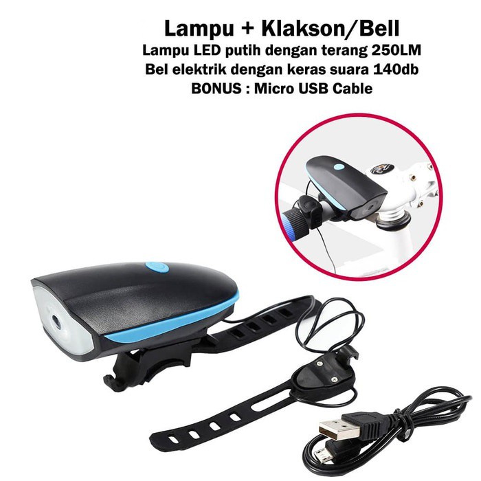 Lampu Depan Sepeda LED dan Bel Klakson Elektrik USB Rechargeable